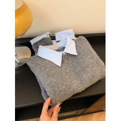 假兩件襯衫領毛衣女秋裝新款內搭慵懶風撞色翻領灰色針織衫上衣