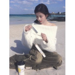 一字肩白色毛衣女秋冬2025新款慵懶風高級感超好看內搭針織衫上衣