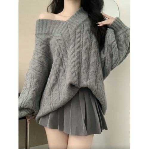 秋冬2025新款灰色麻花套頭毛衣女復古懶惰風寬松V領針織衫JK上衣