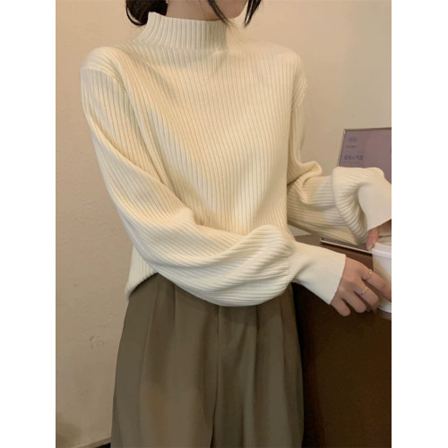 奶系軟糯毛衣女秋冬季半高領小衆燈籠袖打底針織衫小香風內搭上衣