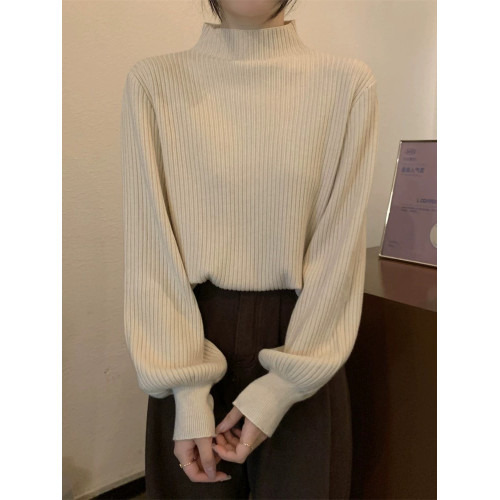 奶系軟糯毛衣女秋冬季半高領小衆燈籠袖打底針織衫小香風內搭上衣