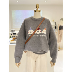 韓版軟糯卡通洋氣小熊提花秋冬保暖寬松圓領套頭毛衣女上衣針織衫