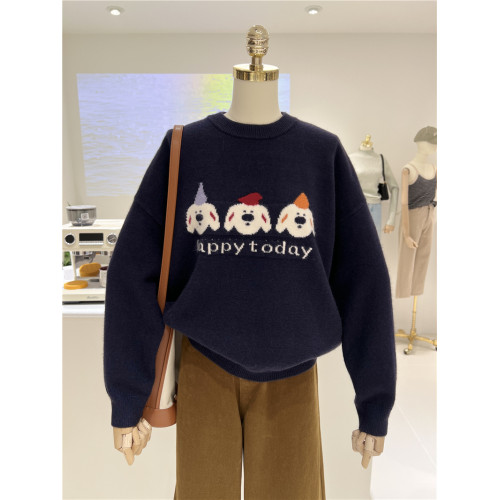 韓版軟糯卡通洋氣小熊提花秋冬保暖寬松圓領套頭毛衣女上衣針織衫