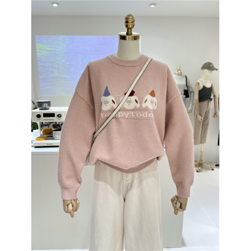韓版軟糯卡通洋氣小熊提花秋冬保暖寬松圓領套頭毛衣女上衣針織衫