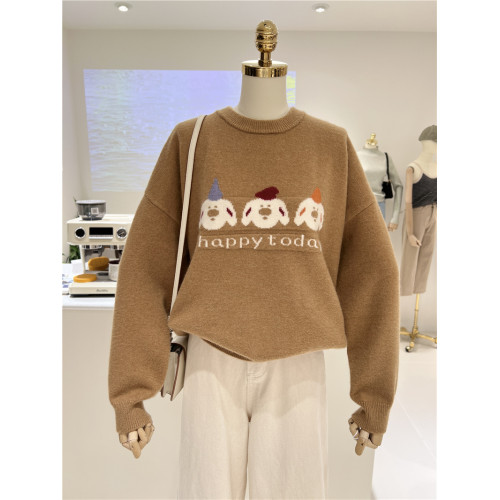 韓版軟糯卡通洋氣小熊提花秋冬保暖寬松圓領套頭毛衣女上衣針織衫