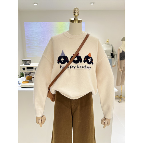 韓版軟糯卡通洋氣小熊提花秋冬保暖寬松圓領套頭毛衣女上衣針織衫