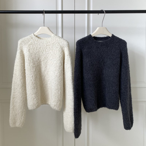 珍珠絨白色毛衣女秋冬插肩袖韓版冷淡系高級感上衣復古打底針織衫