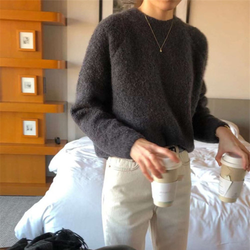 珍珠絨白色毛衣女秋冬插肩袖韓版冷淡系高級感上衣復古打底針織衫