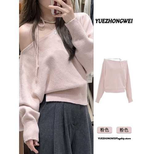 粉色不規則斜肩掛脖毛衣女款秋冬2025新款韓系穿搭短款針織衫上衣