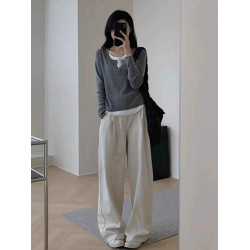 美式V領假兩件針織毛衣女早春2025撞色拼接打底衫高級感坑條上衣