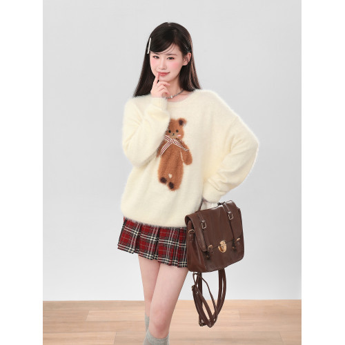 白色小熊水貂絨套頭毛衣女秋冬季2025新款加絨加厚針織衫長袖上衣