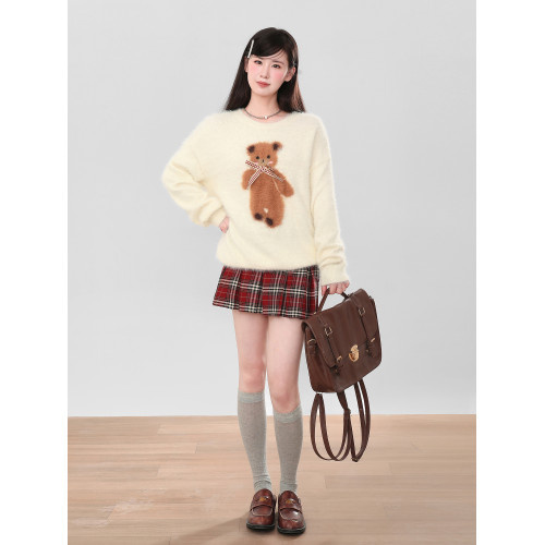 白色小熊水貂絨套頭毛衣女秋冬季2025新款加絨加厚針織衫長袖上衣