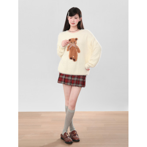 白色小熊水貂絨套頭毛衣女秋冬季2025新款加絨加厚針織衫長袖上衣