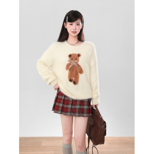 白色小熊水貂絨套頭毛衣女秋冬季2025新款加絨加厚針織衫長袖上衣