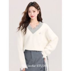 羋小可高級感V領白色毛衣女裝秋冬穿搭學院風內搭針織衫短款上衣