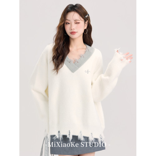 羋小可高級感V領白色毛衣女裝秋冬穿搭學院風內搭針織衫短款上衣 羋小可高級感V領白色毛衣女裝秋冬穿搭學院風內搭針織衫短款上衣