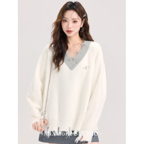 羋小可高級感V領白色毛衣女裝秋冬穿搭學院風內搭針織衫短款上衣 羋小可高級感V領白色毛衣女裝秋冬穿搭學院風內搭針織衫短款上衣