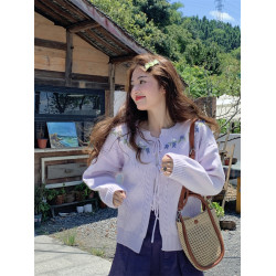 PPHOME可愛快沖~韓系甜美減齡重工手工鉤花系帶針織開衫毛衣上衣