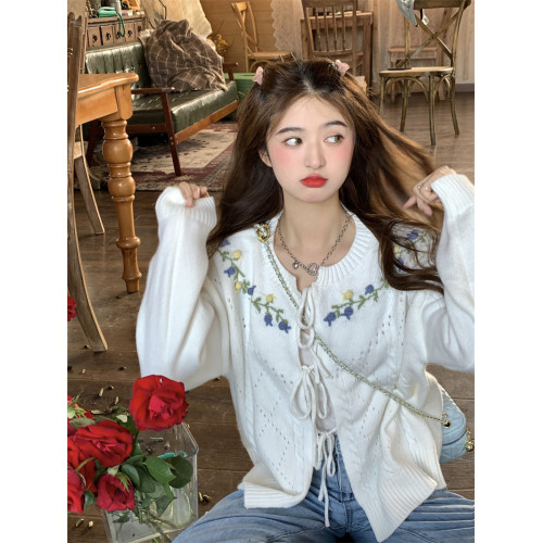 PPHOME可愛快沖~韓系甜美減齡重工手工鉤花系帶針織開衫毛衣上衣