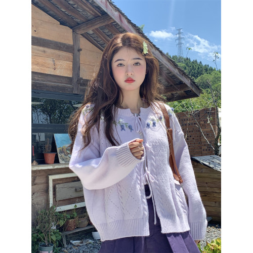 PPHOME可愛快沖~韓系甜美減齡重工手工鉤花系帶針織開衫毛衣上衣