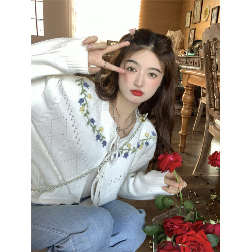 PPHOME可愛快沖~韓系甜美減齡重工手工鉤花系帶針織開衫毛衣上衣