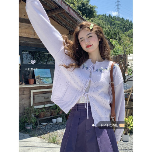 PPHOME可愛快沖~韓系甜美減齡重工手工鉤花系帶針織開衫毛衣上衣