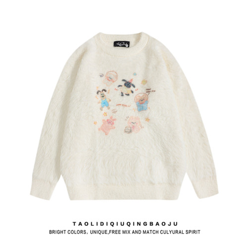 奶fufu小羊印花馬海毛毛衣女冬季學院風慵懶風休閒學生針織衫上衣