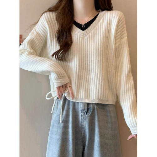 針織打底衫女內搭春秋冬小個子百搭顯瘦設計感上衣假兩件V領毛衣 針織打底衫女內搭春秋冬小個子百搭顯瘦設計感上衣假兩件V領毛衣