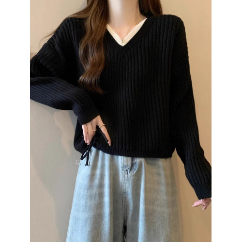 針織打底衫女內搭春秋冬小個子百搭顯瘦設計感上衣假兩件V領毛衣 針織打底衫女內搭春秋冬小個子百搭顯瘦設計感上衣假兩件V領毛衣