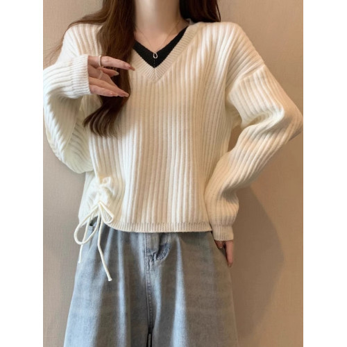 針織打底衫女內搭春秋冬小個子百搭顯瘦設計感上衣假兩件V領毛衣 針織打底衫女內搭春秋冬小個子百搭顯瘦設計感上衣假兩件V領毛衣