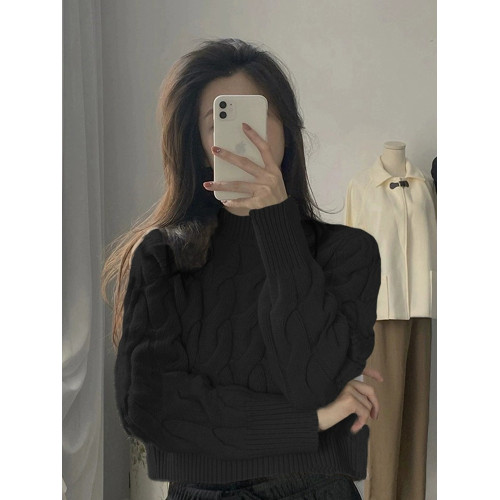 日系復古半高領麻花毛衣女秋冬設計感小衆短款內搭打底針織衫上衣 日系復古半高領麻花毛衣女秋冬設計感小衆短款內搭打底針織衫上衣