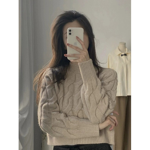 日系復古半高領麻花毛衣女秋冬設計感小衆短款內搭打底針織衫上衣 日系復古半高領麻花毛衣女秋冬設計感小衆短款內搭打底針織衫上衣