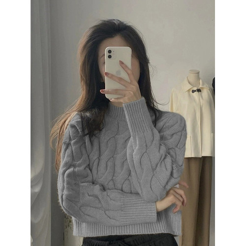 日系復古半高領麻花毛衣女秋冬設計感小衆短款內搭打底針織衫上衣 日系復古半高領麻花毛衣女秋冬設計感小衆短款內搭打底針織衫上衣