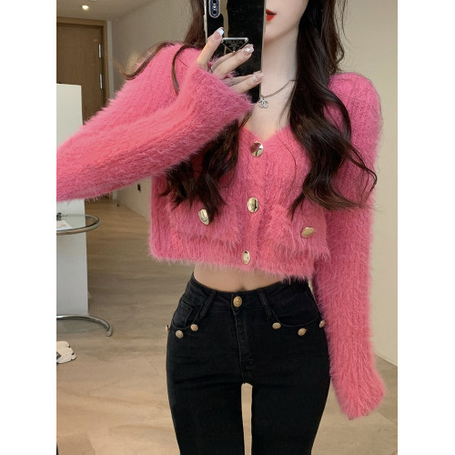 慵懶風溫柔v領毛衣針織開衫女春秋氣質高級感小個子長袖短款上衣