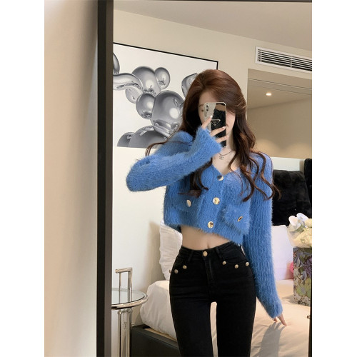 慵懶風溫柔v領毛衣針織開衫女春秋氣質高級感小個子長袖短款上衣