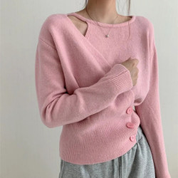 2025秋裝韓版ins不規則拼接假兩件收腰氣質短款長袖針織衫毛衣女