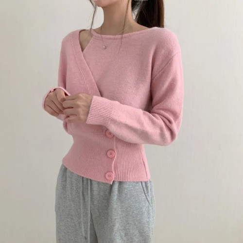 2025秋裝韓版ins不規則拼接假兩件收腰氣質短款長袖針織衫毛衣女