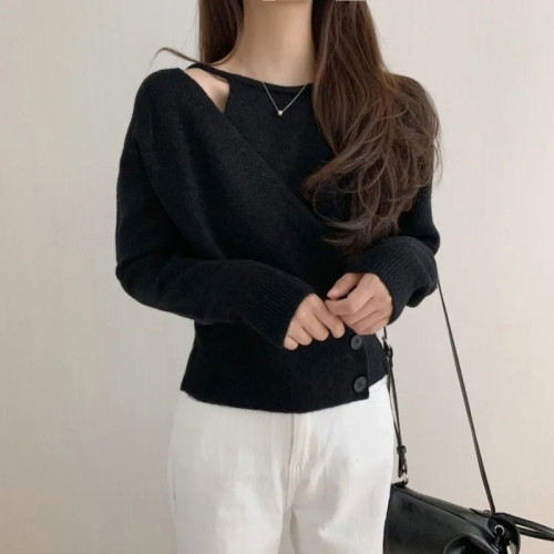 2025秋裝韓版ins不規則拼接假兩件收腰氣質短款長袖針織衫毛衣女