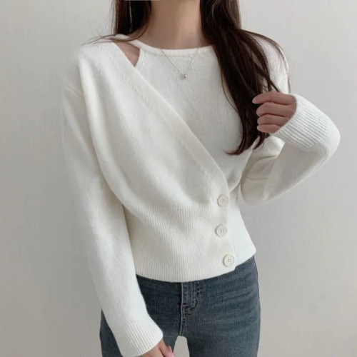 2025秋裝韓版ins不規則拼接假兩件收腰氣質短款長袖針織衫毛衣女