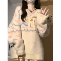 v領套頭毛衣女秋冬寬松外穿慵懶風長袖溫柔軟糯學院風針織衫上衣