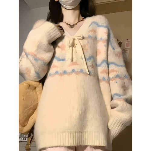 v領套頭毛衣女秋冬寬松外穿慵懶風長袖溫柔軟糯學院風針織衫上衣