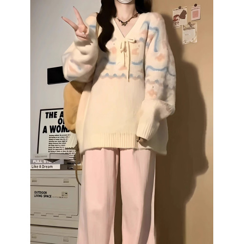 v領套頭毛衣女秋冬寬松外穿慵懶風長袖溫柔軟糯學院風針織衫上衣