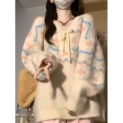v領套頭毛衣女秋冬寬松外穿慵懶風長袖溫柔軟糯學院風針織衫上衣