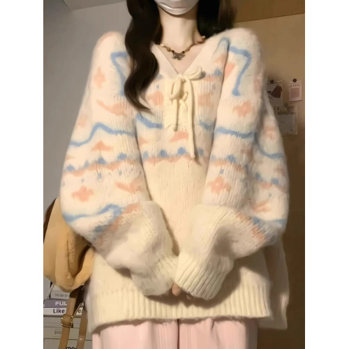 v領套頭毛衣女秋冬寬松外穿慵懶風長袖溫柔軟糯學院風針織衫上衣