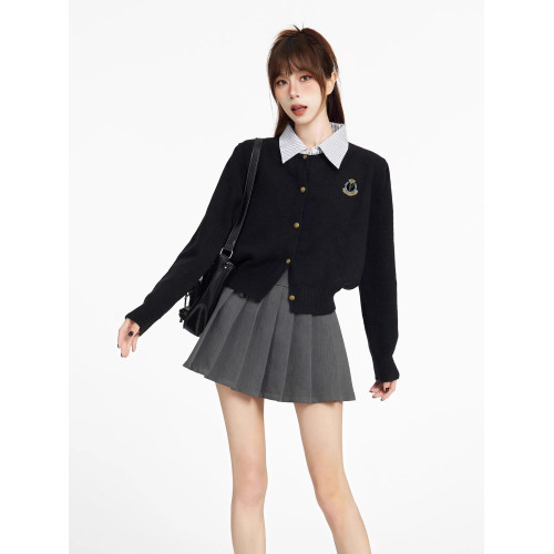 假兩件學院風黑色短款毛衣外套女秋季秋冬小個子修身針織開衫上衣