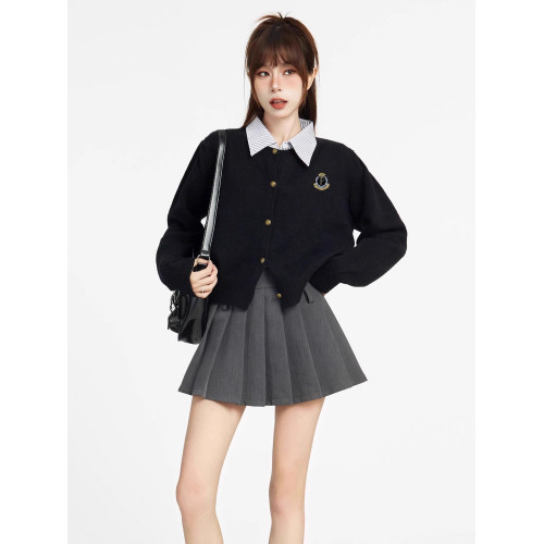 假兩件學院風黑色短款毛衣外套女秋冬春季小個子修身針織開衫上衣