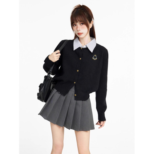 假兩件學院風黑色短款毛衣外套女秋季秋冬小個子修身針織開衫上衣