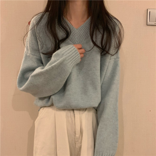 大碼胖妹妹V領毛衣女寬松外穿上衣秋冬新款百搭慵懶風打底針織衫
