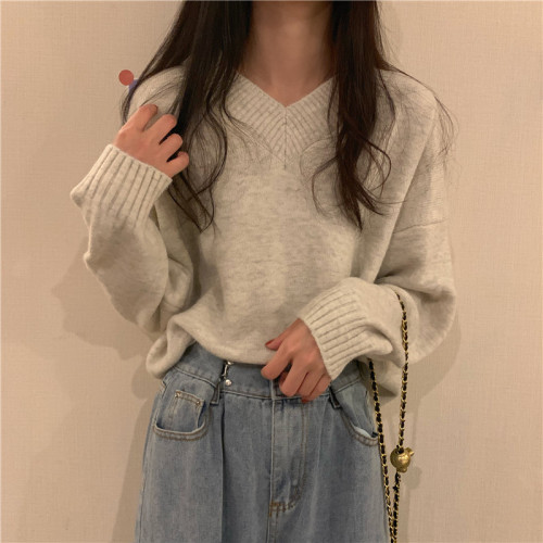 大碼胖妹妹V領毛衣女寬松外穿上衣秋冬新款百搭慵懶風打底針織衫