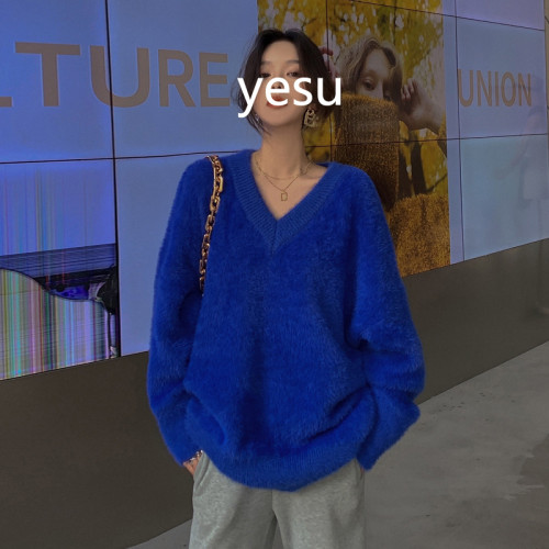 白色水貂絨v領軟糯內搭毛衣女裝2024秋冬新款外穿寬松慵懶中長款